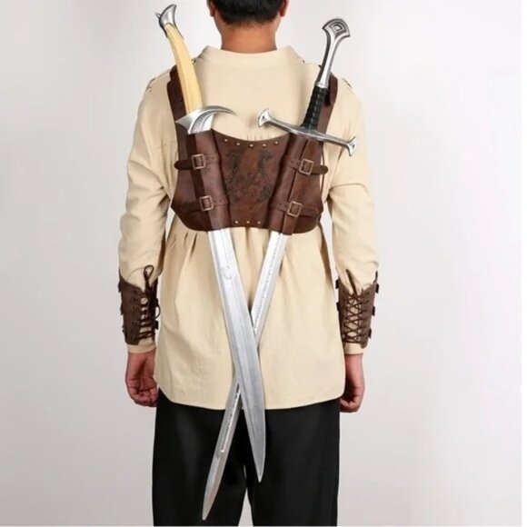 Medieval Viking Totem Sword Frog Adjustable Leather Double Sword Strap Backpack - Picture 1 of 8
